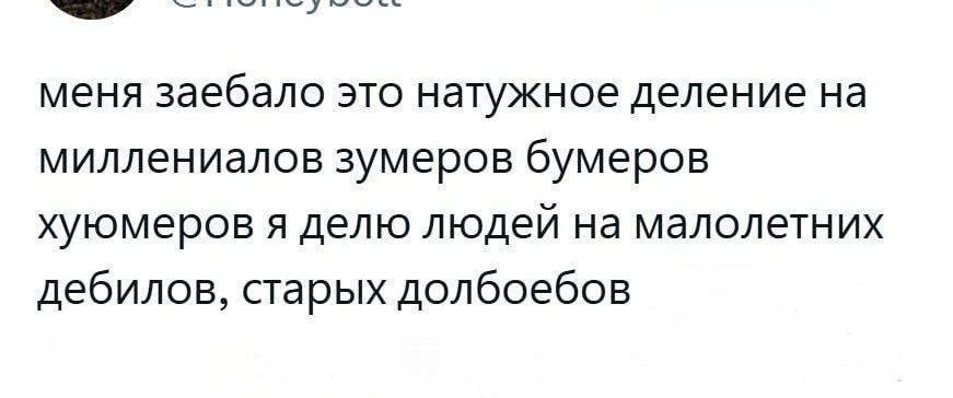 меня заебало это натяжное деление на миллиниалов зумеров бумеров хуёмеров я делю людей на малолетних дебилов, старых долбоебов