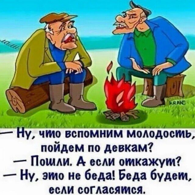 Ну, что вспомним молодость, пойдем по девкам? - Пошли. А если откажут? - Ну, это не беда! Беда будем, если согласимся.
