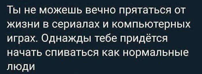 Ты не можешь вечно прятаться от жизни в сериалах и компьютерных играх. Однажды тебе придётся начать спиваться как нормальные люди