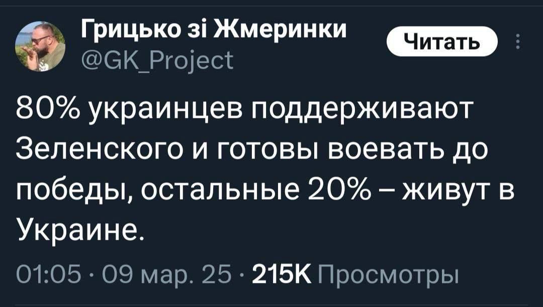 80% украинцев поддерживают Зеленского и готовы воевать до победы, остальные 20% – живут в Украине.