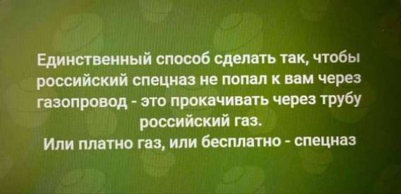 Единственный способ сделать так, чтобы российский спэцназ не попал к вам через газопровод - это прокачивать через трубу российский газ.
Или платно газ, или бесплатно - спэцназ