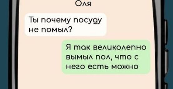 Оля
Ты почему посуду не помыл?
Я так великолепно вымыл пол, что с него есть можно