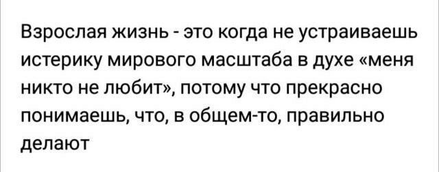 Взрослая жизнь - это когда не устраиваешь истерику мирового масштаба в духе «меня никто не любит», потому что прекрасно понимаешь, что, в общем-то, правильно делают.