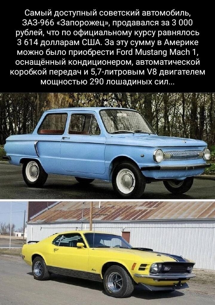 Самый доступный советский автомобиль, ЗАЗ-966 «Запорожец», продавалась за 3 000 рублей, что по официальному курсу равнялось 3 614 долларам США. За эту сумму в Америке можно было приобрести Ford Mustang Mach 1, оснащённый кондиционером, автоматической коробкой передач и 5,7-литровым V8 двигателем мощностью 290 лошадиных сил...