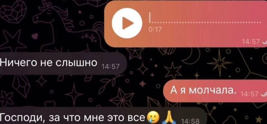 Ничего не слышно 14:57
А я молчала. 14:57
Господи, за что мне это все😢🙏 14:58