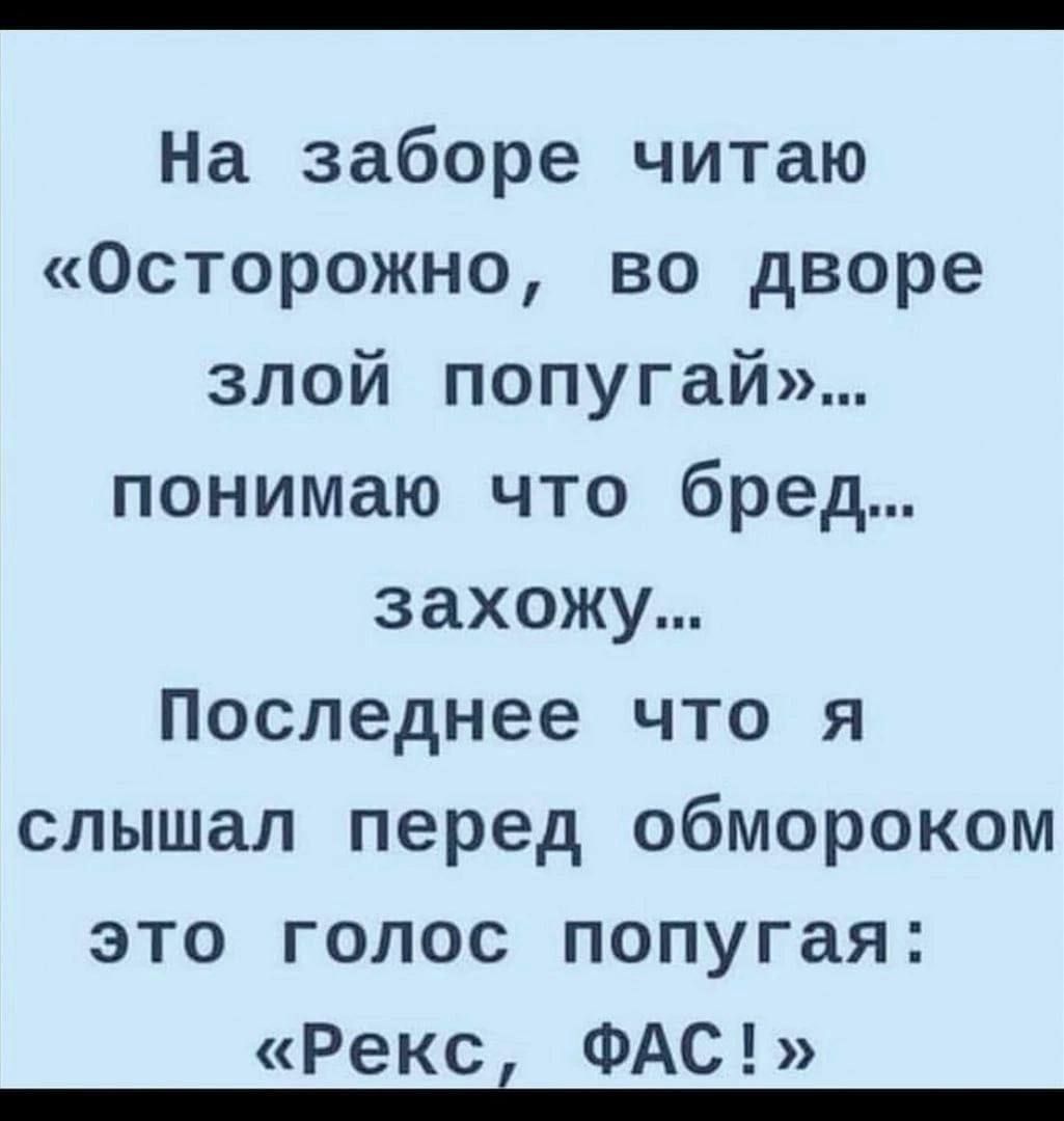 На заборе читаю «Осторожно, во дворе злой попугай»… понимаю что бред… захожу… Последнее что я слышал перед обмороком это голос попугая: «Рекс, ФАС!»