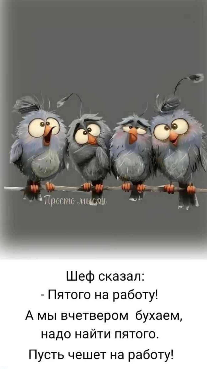 Шеф сказал:
- Пятого на работу!
А мы вчтером бухаем,
надо найти пятого.
Пусть чешет на работу!