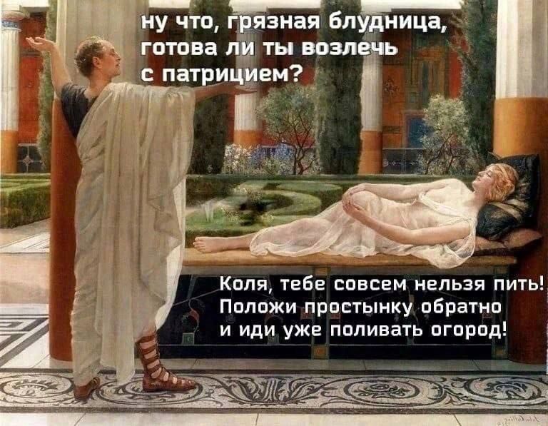 ну что, грязная блудница, готова ли ты возлечь с патрицием? Коля, тебе совсем нельзя пить! Положи простынку обратно и иди уже поливать огород!