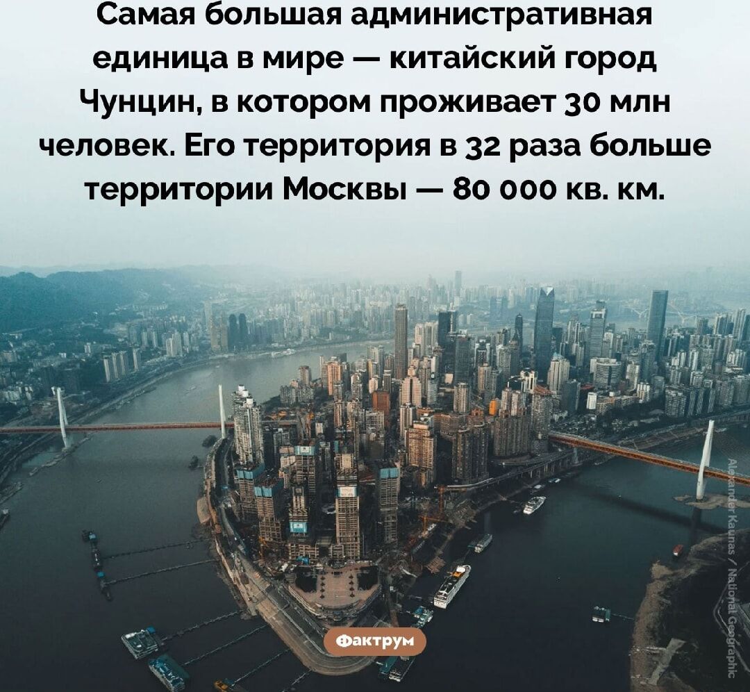 Самая большая административная единица в мире — китайский город Чунцин, в котором проживает 30 млн человек. Его территория в 32 раза больше территории Москвы — 80 000 кв. км.
