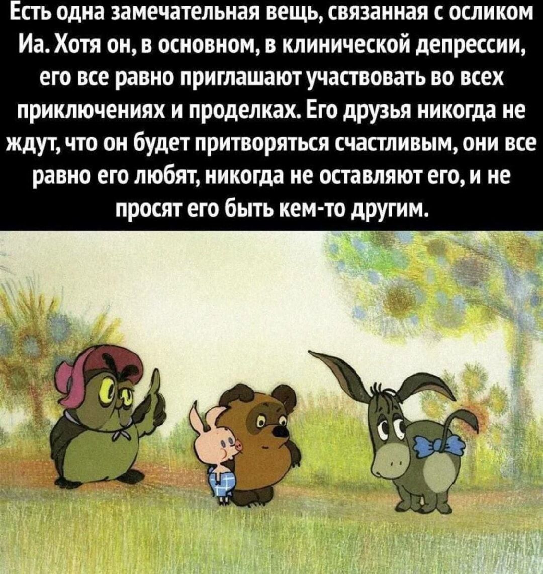 Есть одна замечательная вещь, связанная с осликом Иа. Хотя он, в основном, в клинической депрессии, его все равно приглашают во всех приключениях и проделках. Его друзья никогда не ждут, что он будет притворяться счастливым, они все равно его любят, никогда не оставляют его, и не просят его быть кем-то другим.