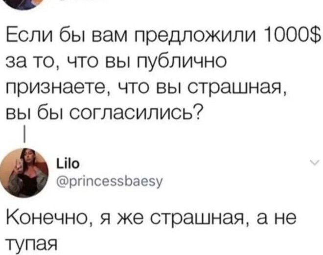 Если бы вам предложили 1000$ за то, что вы публично признаете, что вы страшная, вы бы согласились?
Lilo @princessbaesy
Конечно, я же страшная, а не тупая