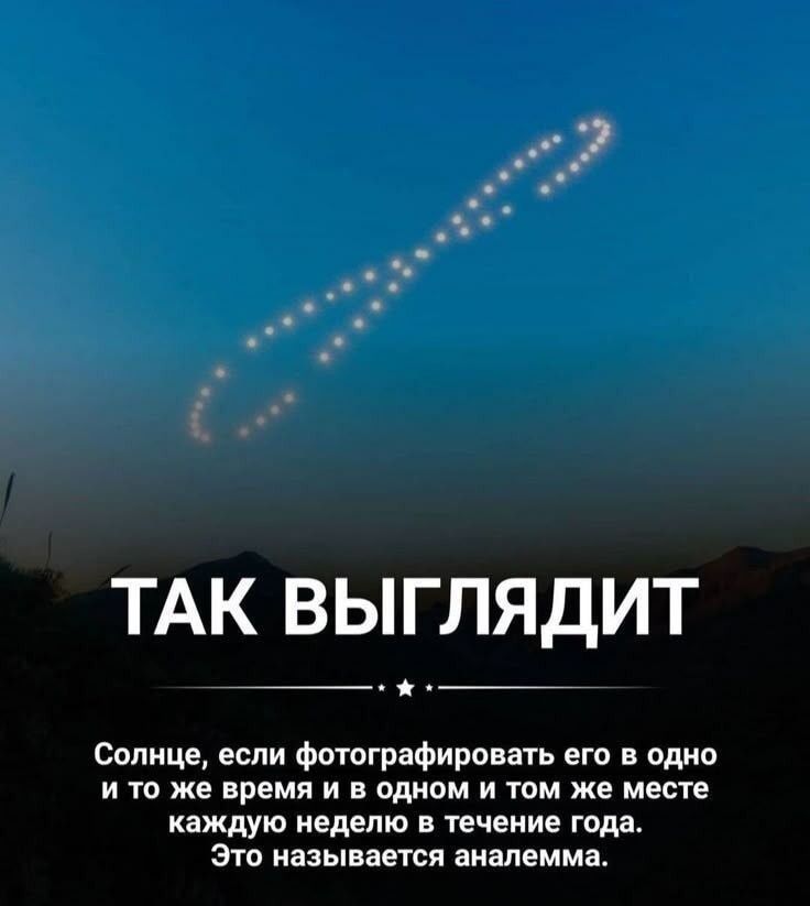 ТАК ВЫГЛЯДИТ
Солнце, если фотографировать его в одно и то же время и в одном и том же месте каждую неделю в течение года. Это называется анале́мма.