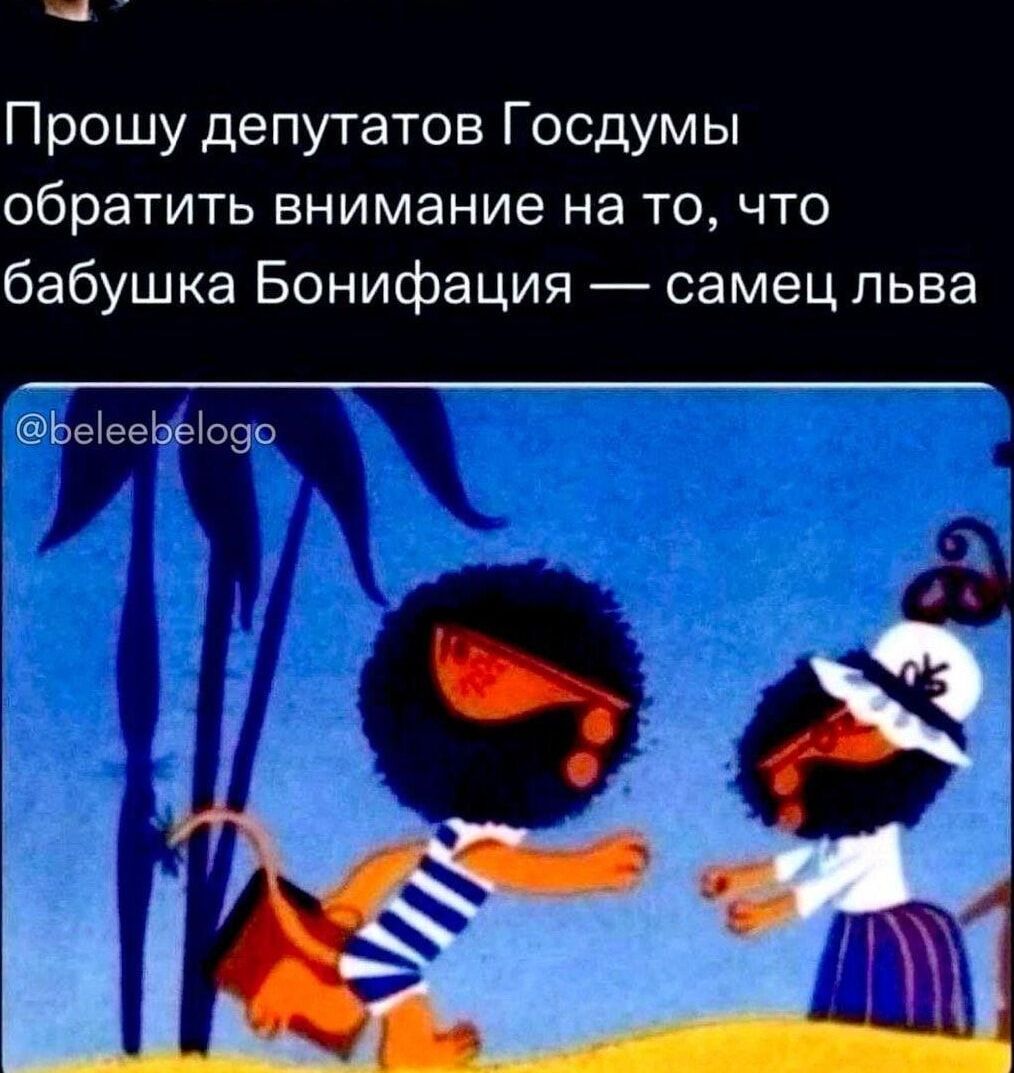 Прошу депутатов Госдумы обратить внимание на то, что бабушка Бонифация — самец льва