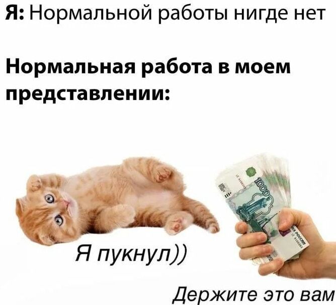 Я: Нормальной работы нигде нет
Нормальная работа в моем представлении:
Я пукнул))
Держите это вам