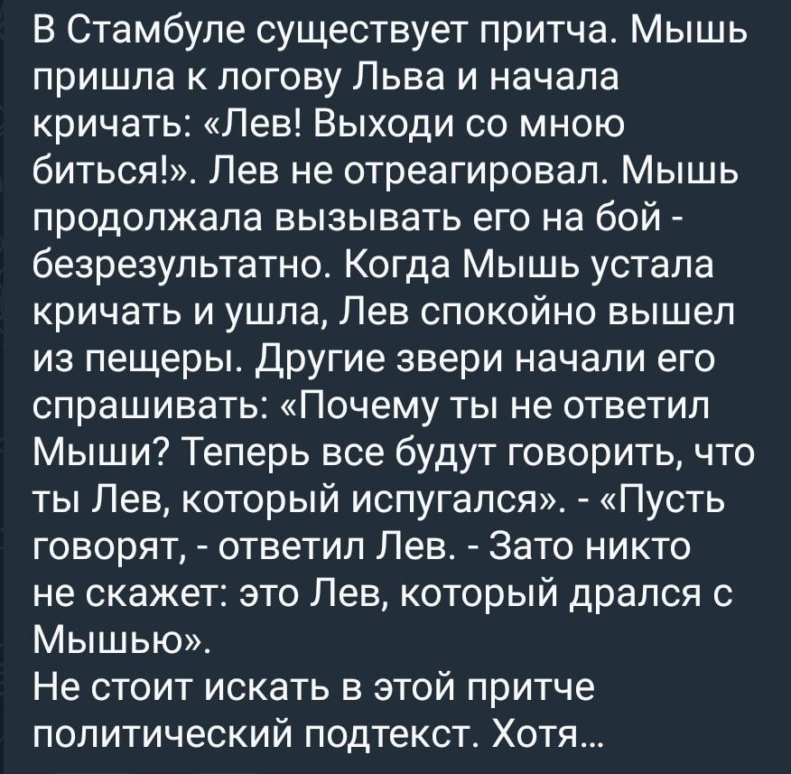 В Стамбуле существует притча. Мышь пришла к логову Льва и начала кричать: «Лев! Выходи со мною биться!». Лев не отреагировал. Мышь продолжала вызывать его на бой - безрезультатно. Когда Мышь устала кричать и ушла, Лев спокойно вышел из пещеры. Другие звери начали его спрашивать: «Почему ты не ответил Мыши? Теперь все будут говорить, что ты Лев, который испугался». - «Пусть говорят», - ответил Лев. - «Зато никто не скажет: это Лев, который дрался с Мышью». Не стоит искать в этой притче политический подтекст. Хотя…