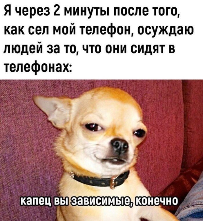 Я через 2 минуты после того, как сел мой телефон, осуждаю людей за то, что они сидят в телефонах: капец вы зависимые, конечно.