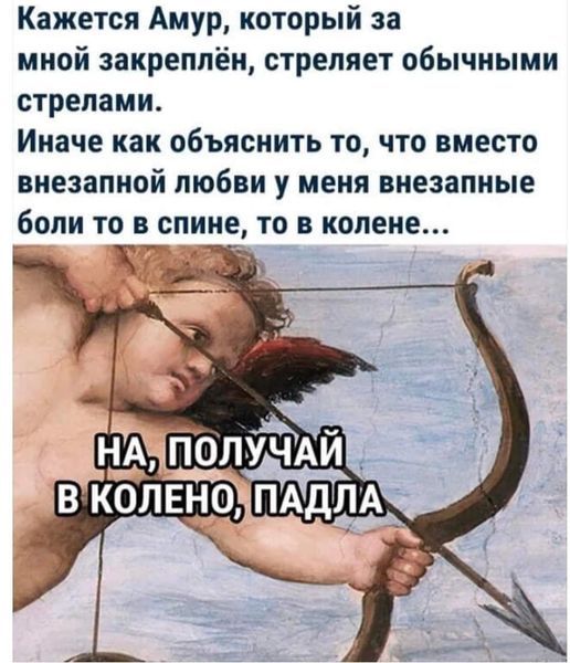 Кажется Амур, который за мной закреплён, стреляет обычными стрелами.
Иначе как объяснить то, что вместо внезапной любви у меня внезапные боли то в спине, то в колене...
НА, ПОЛУЧАЙ В КОЛЕНЮ, ПАДЛА
