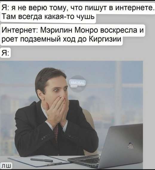 Я: я не верю тому, что пишут в интернете. Там всегда какая-то чушь
Интернет: Мэрилин Монро воскресла и поет подземный ход до Киргизии
Я: