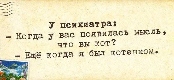 У психиатра:
- Когда у вас появилась мысль, что вы кот?
- Ещё когда я был котенком.