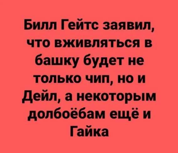 Билл Гейтс заявил, что вживляться в башку будет не только чип, но и Дейл, а некоторым долбоеобам ещё и Гайка.