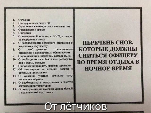 1. О Родине
2. О поощрительных снах РФ
3. О уважении к командиру и начальникам
4. О заслугах и правах
5. О походах
6. Об индивидуальной технике и ВВТ, использующем вооружение
7. О необходимости бесперебойного отношения к внутреннему миру
8. Об обеспечении ответственности
9. О взаимодействии с членами состава ВВС
10. О экзаменах и численности персонала
11. О получении и получении более принципиального отношения к вредным объектам
12. О получении подводящих и чистых положений
13. О подсознательной подводке
14. Об обсуждении вопросов уровня боевой и психологической подготовки

ПЕРЕЧЕНЬ СНОВ, КОТОРЫЕ ДОЛЖНЫ СНИТЬСЯ ОФИЦЕРУ ВО ВРЕМЯ ОТДЫХА В НОЧНОЕ ВРЕМЯ

От лётчиков