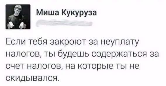 Если тебя закроют за неуплату налогов, ты будешь содержаться за счет налогов, на которые ты не скидивался.
