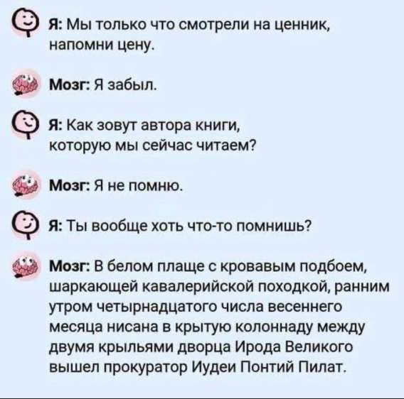 Я: Мы только что смотрели на ценник, напомни цену.
Мозг: Я забыл.
Я: Как зовут автора книги, которую мы сейчас читаем?
Мозг: Я не помню.
Я: Ты вообще хоть что-то помнишь?
Мозг: В белом плаще с кровавым подбоем, шаркающей кавалерийской походкой, ранним утром четырнадцатого числа весеннего месяца нисана в крытую колоннаду между двумя крыльями двора Ирода Великого вышел прокуратор Иудеи Понтий Пилат.