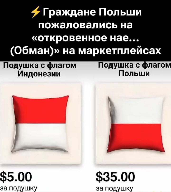 Граждане Польши пожаловались на «откровенное нае... (Обман)» на маркетплейсах
Подушка с флагом Индонезии
$5.00 за подушку
Подушка с флагом Польши
$35.00 за подушку