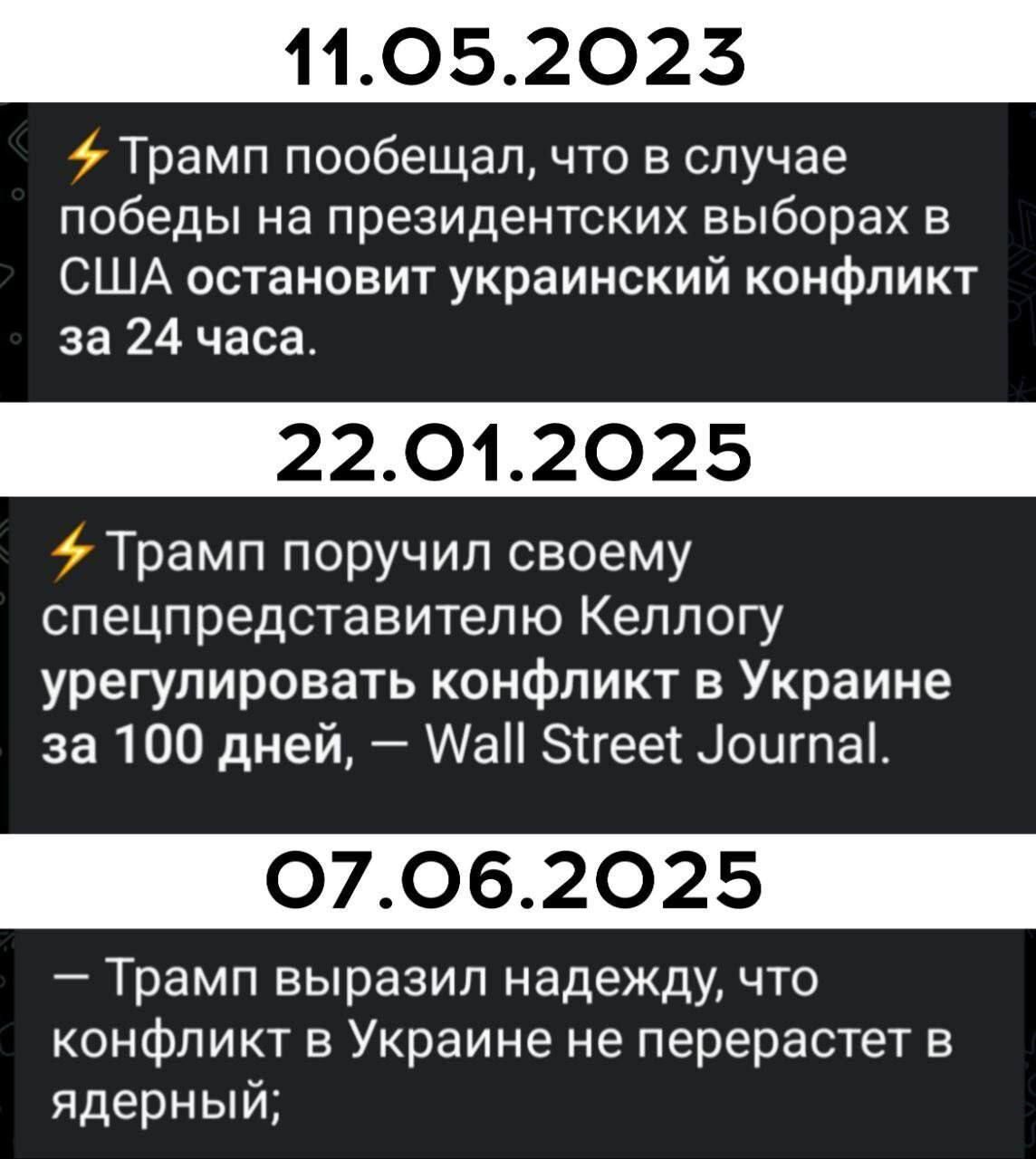 11.05.2023
Трамп пообещал, что в случае победы на президентских выборах в США остановит украинский конфликт за 24 часа.

22.01.2025
Трамп поручил своему специальному представителю Келлоггу урегулировать конфликт в Украине за 100 дней, — Wall Street Journal.

07.06.2025
Трамп выразил надежду, что конфликт в Украине не переросет в ядерный.