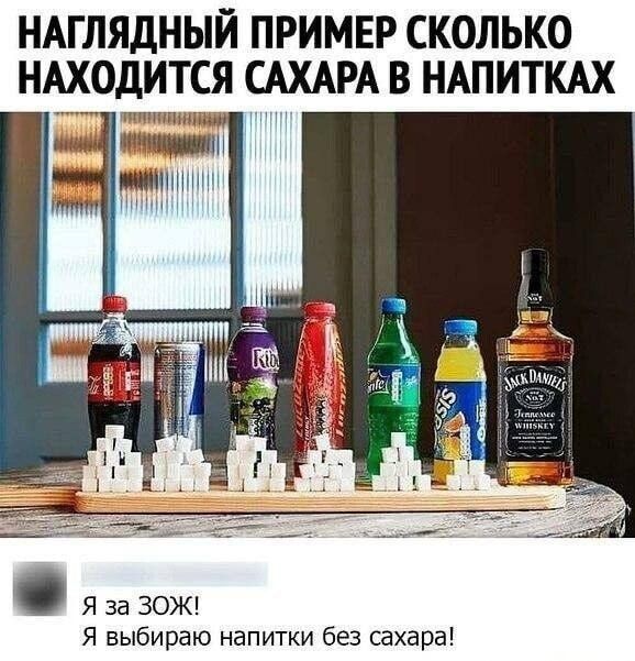 НАГЛЯДНЫЙ ПРИМЕР СКОЛЬКО НАХОДИТСЯ САХАРА В НАПИТКАХ
Я за ЗОЖ! Я выбираю напитки без сахара!