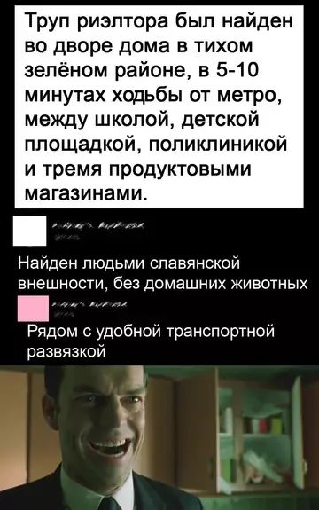 Труп риэлтера был найден во дворе дома в тихом зелёном районе, в 5-10 минутах ходьбы от метро, между школой, детской площадкой, поликлиникой и тремя продуктовыми магазинами.

Найден людьми славянской внешности, без домашних животных.

Рядом с удобной транспортной развязкой.