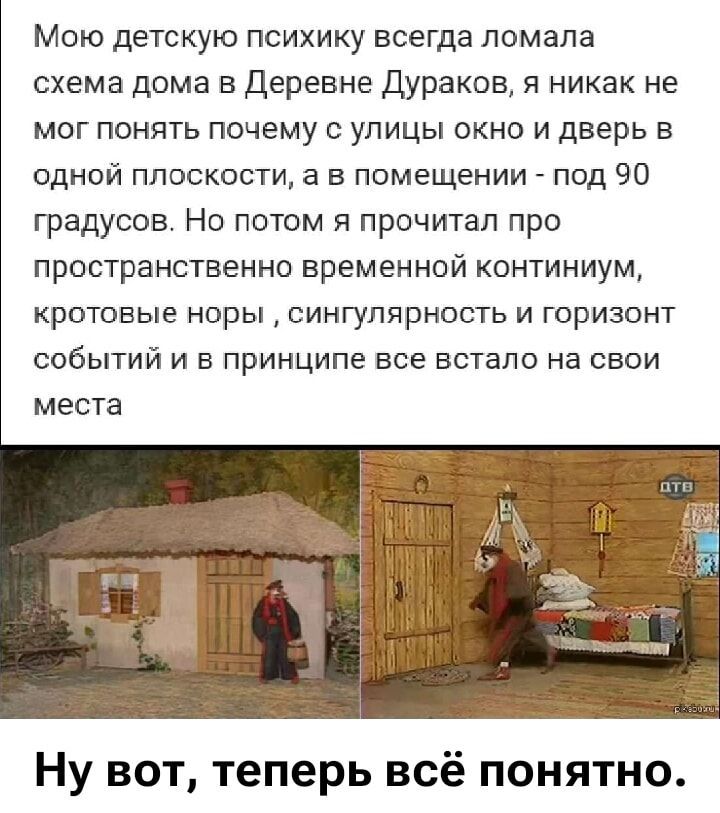 Мою детскую психику всегда ломала схема дома в Деревне Дураков, я никак не мог понять почему с улицы окно и дверь в одной плоскости, а в помещении - под 90 градусов. Но потом я прочитал про пространственно-временной континуум, кротовые норы, сингулярность и горизонт событий и в принципе все встало на свои места.
Ну вот, теперь всё понятно.