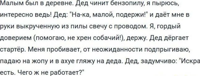Малым был в деревне. Дед чинит бензопилу, я пырюсь, интересно ведь! Дед: 
