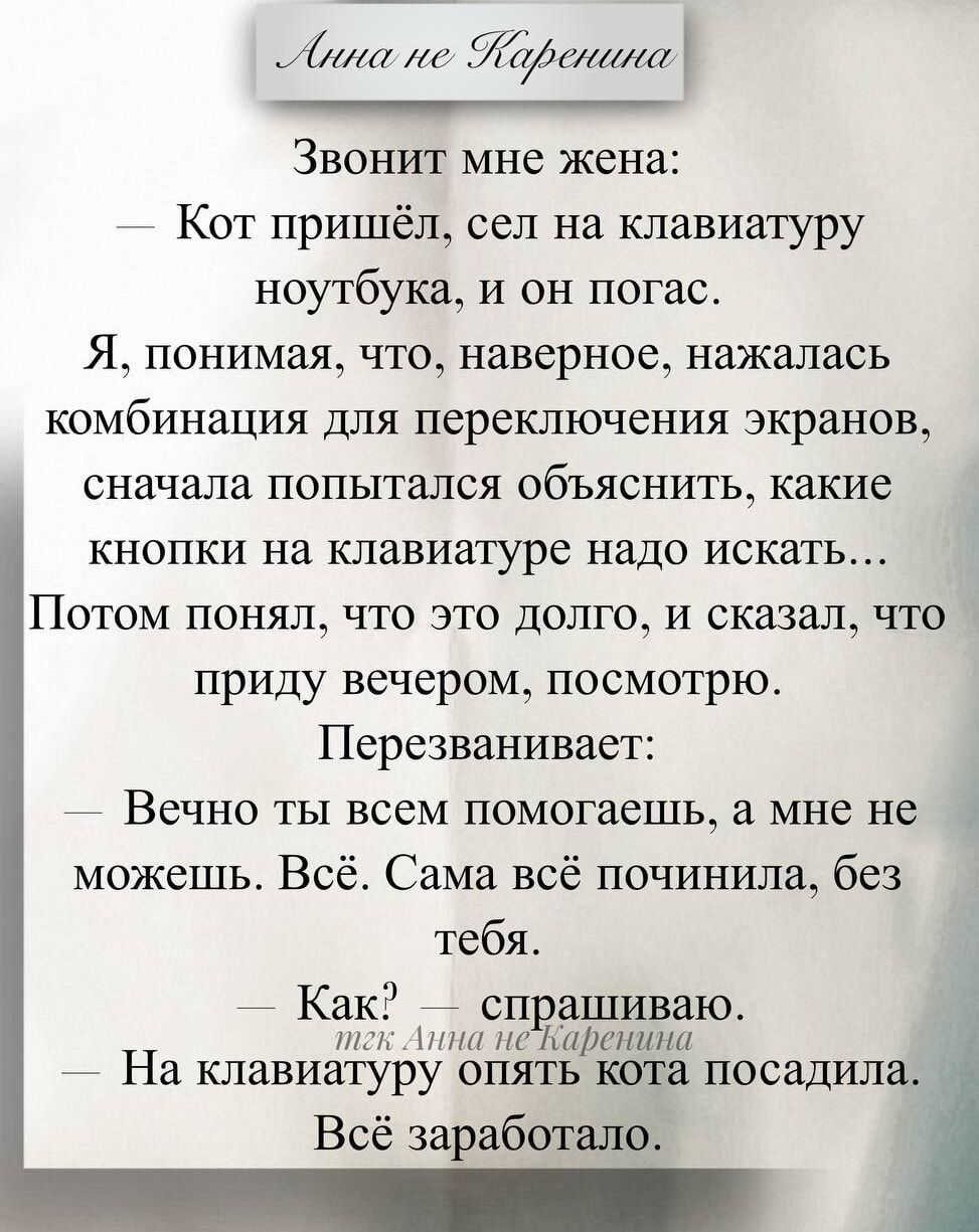 Звонит мне жена:
— Кот пришёл, сел на клавиатуру ноутбука, и он погас.
Я, понимаю, что, наверное, нажалась комбинация для переключения экранов, сначала попытался объяснить, какие кнопки на клавиатуре надо искать...
Потом понял, что это долго, и сказал, что приду вечером, посмотрю.
Перезванивает:
— Вечно ты всем помогаешь, а мне не можешь. Всё. Сама всё починила, без тебя.
— Как? — спрашиваю.
— На клавиатуру опять кота посадила.
Всё заработало.