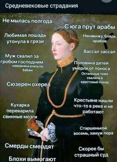 Не мылась полгода
С юга прут арабы
Не,навижу, блядь, арабов
Васал зазнал
Любимая лошадь утонула в грязи
Муж свалил за гробом господним
Наверняка опять по бабам
Полovina детей умерли от поноса
Остальные тоже свалились в крестовый поход
Сюзерен охерел
Кухарка переварила свиные мозги
Смерды смердят
Блохи вымогают
Скорее бы страшный суд
