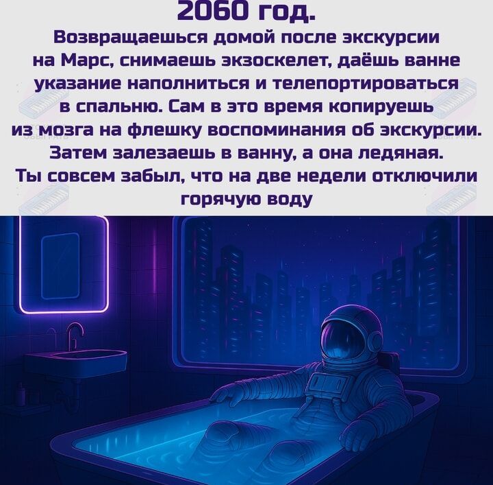 2060 год.
Возвращаешься домой после экскурсии на Марс, снимаешь экзоскелет, даёшь ванне указание наполниться и телепортироваться в спальную. Сам в это время копируешь из мозга на флешку воспоминания об экскурсии.
Затем залезаешь в ванну, а она ледяная.
Ты совсем забыл, что на две недели отключили горячую воду.