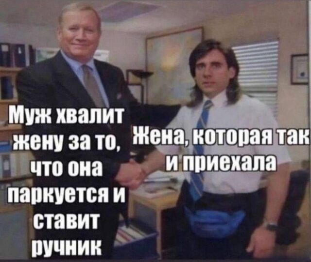 Муж хвалит жену за то, что она паркуется и ставит ручник. Жена, которая так и приехала.