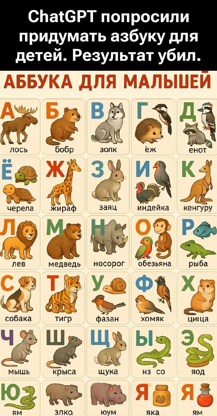 ChatGPT попросили придумать азбуку для детей. Результат убил.

АБУКА ДЛЯ МАЛЫШЕЙ
А - лось
Б - бобер
В - волк
Г - еж
Д - енот
Е - черепаха
Ё - жираф
Ж - заяц
З - индейка
И - кенгуру
К - лев
Л - медведь
М - носорог
Н - обезьяна
О - рыба
П - собака
Р - тигр
С - фазán
Т - хомяк
У - цирка
Ф - щука
Х - нз со
Ц - ям
Ч - крыса
Ш - юнь
Щ - яка
Э - ягода
Ю - яма
Я - ямпель.