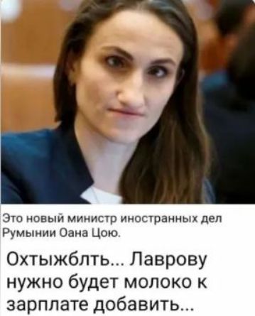 Это новый министр иностранных дел Румынии Оана Цью.
Охтыжблять... Лаврову нужно будет молоко к зарплате добавить...