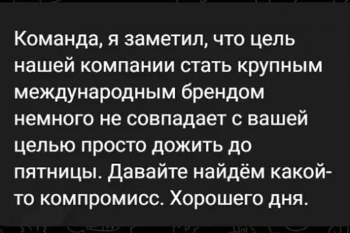 Команда, я заметил, что цель нашей компании стать крупным международным брендом немного не совпадает с вашей целью просто дожить до пятницы. Давайте найдём какой-то компромисс. Хорошего дня.