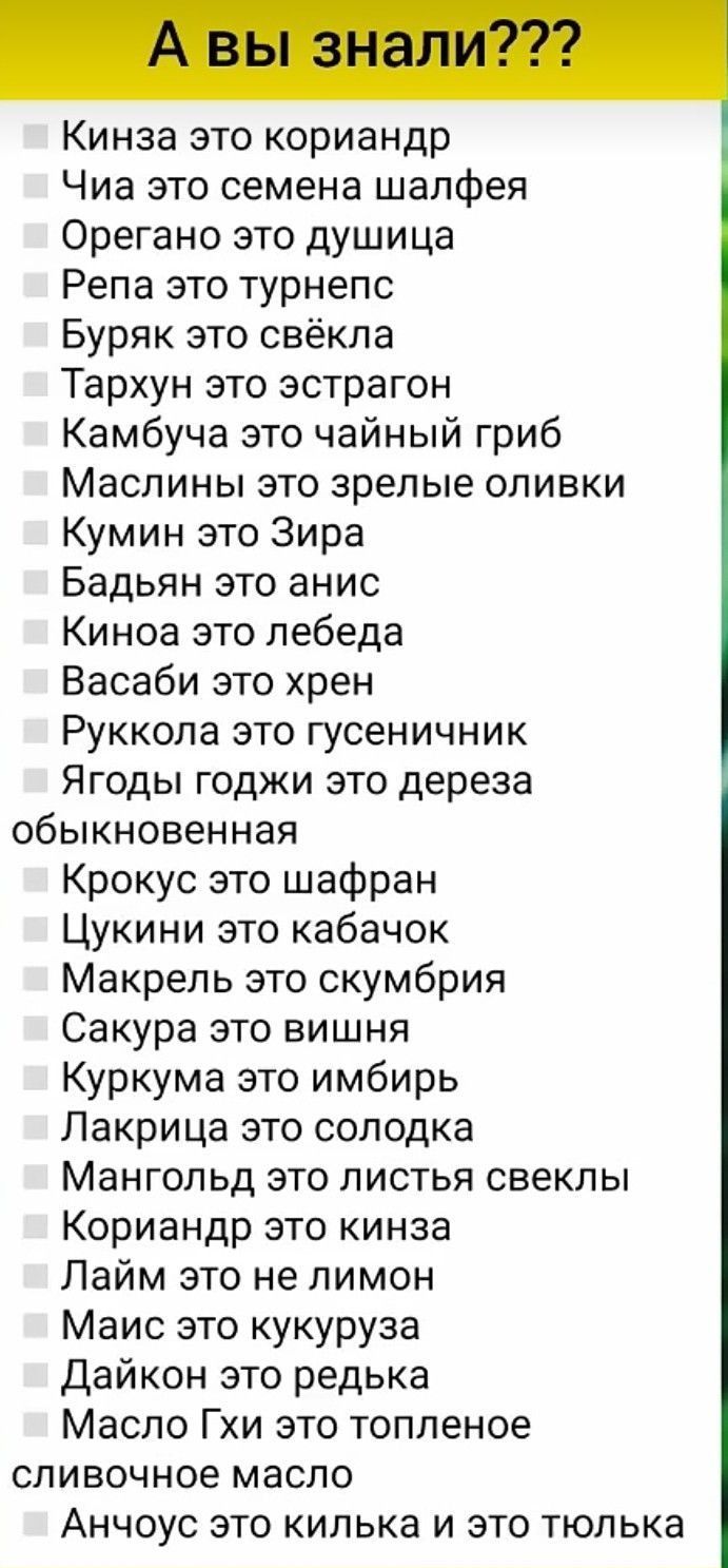 А вы знали???

Кинза это кориандр
Чиа это семена шалфея
Орегано это душица
Репа это турнепс
Буряк это свёкла
Тархун это эстрагон
Камбуча это чайный гриб
Маслины это зрелые оливки
Кумин это Зира
Бадьян это анис
Киноа это лебеда
Васаби это хрен
Руккола это русянчик
Ягоды годжи это дерееза обыкновенная
Крокус это шафран
Цукини это кабачок
Макрель это скумбрия
Сакура это вишня
Куркума это имбирь
Лакрица это солодка
Мангольд это листья свеклы
Кориандр это кинза
Лайм это не лимон
Маис это кукуруза
Дайкон это редька
Масло Гхи это топлёное сливочное масло
Анчоус это килька и это тюлька
