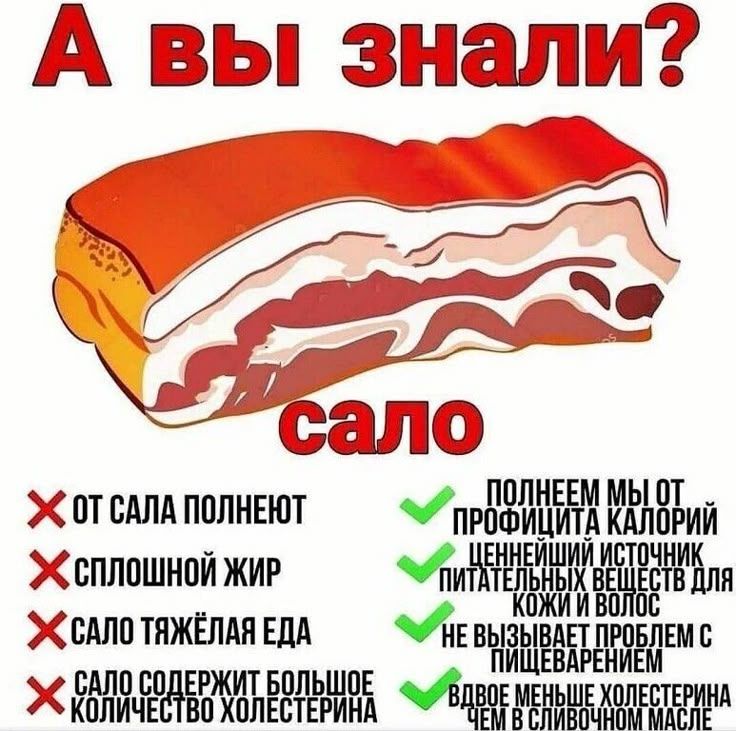 А вы знали? сало

❌ от сала полнеют
❌ сплошной жир
❌ сало тяжёлая еда
❌ сало содержит большое количество холестерина

✅ полнеем мы от профицита калорий
✅ ценнейший источник питательных веществ для кожи и волос
✅ не вызывает проблем с пищеварением
✅ вдвое меньше холестерина, чем в сливочном масле