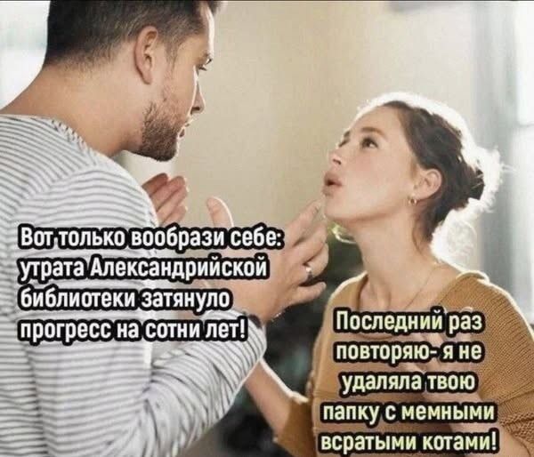 Вот только вообрази себе: утрата Александрийской библиотеки затянула прогресс на сотни лет!
Последний раз повторяю - я не удаляла твою папку с мемами, вратем котами!