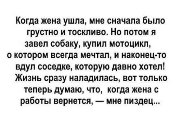 Когда жена ушла, мне сначала было грустно и тоскливо. Но потом я завел собаку, купил мотоцикл, о котором всегда мечтал, и наконец-то вдул соседке, которую давно хотел! Жизнь сразу наладилась, вот только теперь думаю, что, когда жена с работы вернется, — мне пиздец...