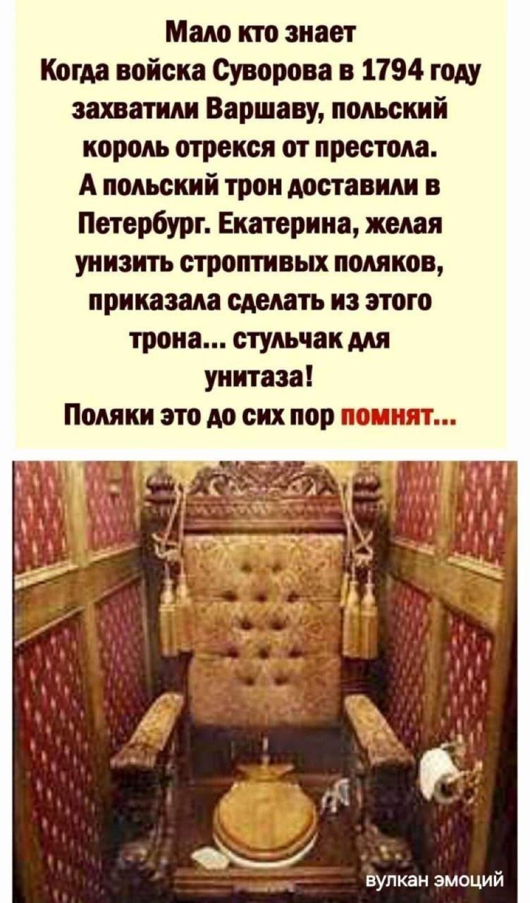 Мало кто знает Когда войска Суворова в 1794 году захватили Варшаву, польский король отрекся от престола. А польский трон доставили в Петербург. Екатерина, желая унизить строптивых поляков, приказала сделать из этого трона... стульчак для унитаза! Поляки это до сих пор помнят...