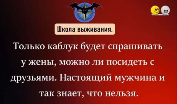 Школа выживания.
Только каблук будет спрашивать у жены, можно ли посидеть с друзьями. Настоящий мужчина и так знает, что нельзя.
