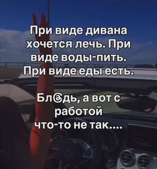 При виде дивана хочется лечь. При виде воды-пить. При виде еды есть.
Блядь, а вот с работой что-то не так....