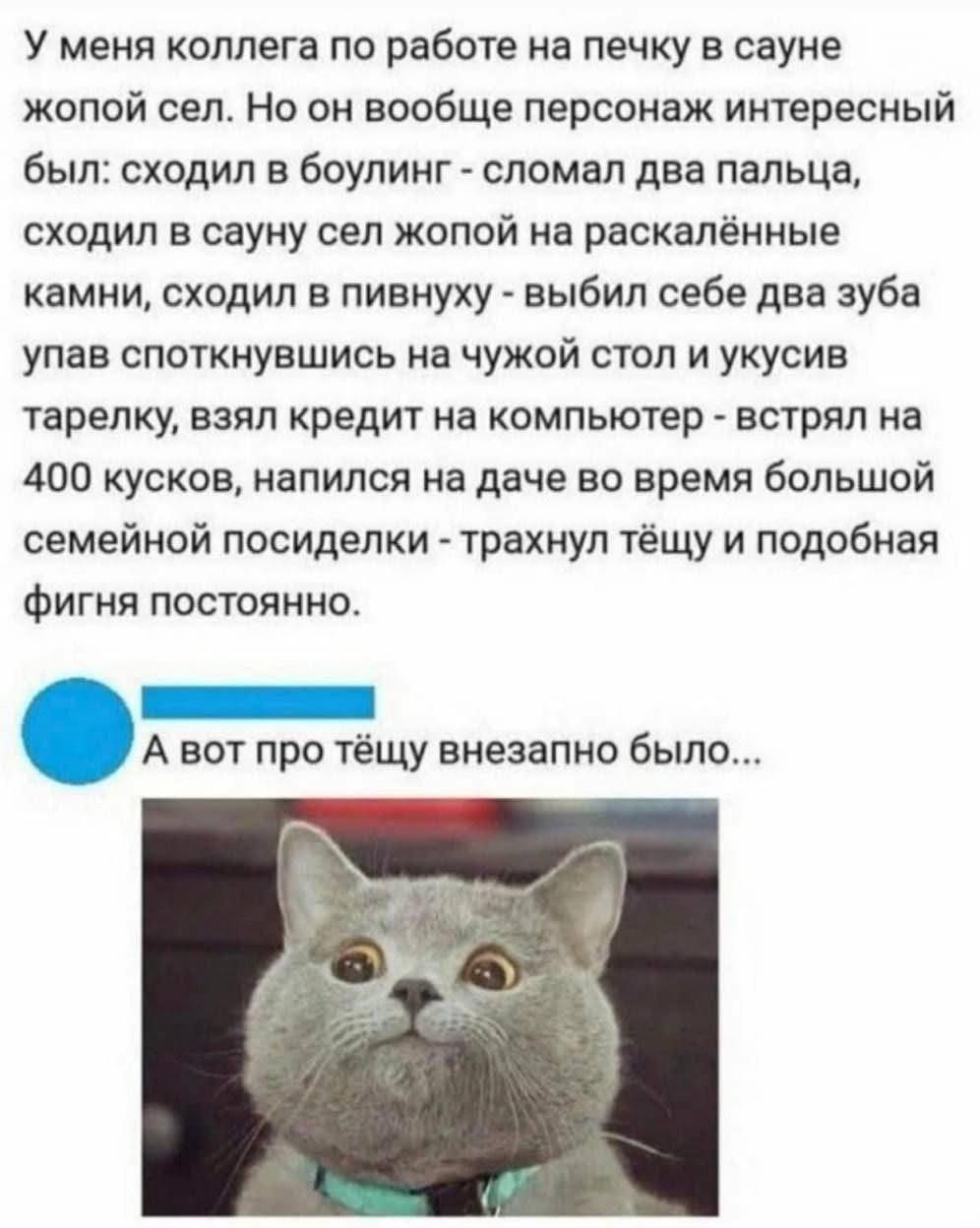 У меня коллега по работе на печку в сауне жопой сел. Но он вообще персонаж интересный был: сходил в боулинг - сломал два пальца, сходил в сауну сел жопой на раскалённые камни, сходил в пивнуху - выбил себе два зуба упав споткнувшись на чужой стол и укусив тарелку, взял кредит на компьютер - встрял на 400 кусок, написал на даче во время большой семейной посиделки - трахнул тёщу и подобная фигня постоянно.
А вот про тёщу внезапно было...