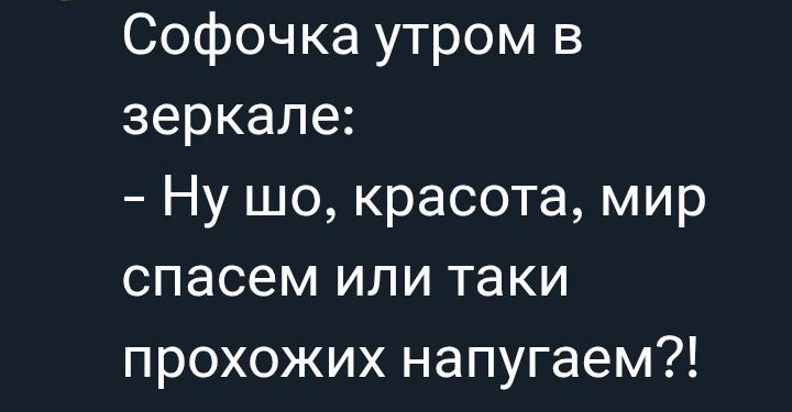 Софочка утром в зеркале:
- Ну шо, красота, мир спасем или таки похожих напугаем?!