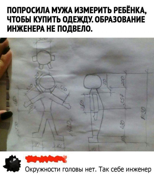 ПОПРОСИЛА МУЖА ИЗМЕРИТЬ РЕБЁНКА, ЧТОБЫ КУПИТЬ ОДЕЖДУ. ОБРАЗОВАНИЕ ИНЖЕНЕРА НЕ ПОДВЕЛО.
Окружности головы нет. Так себе инженер